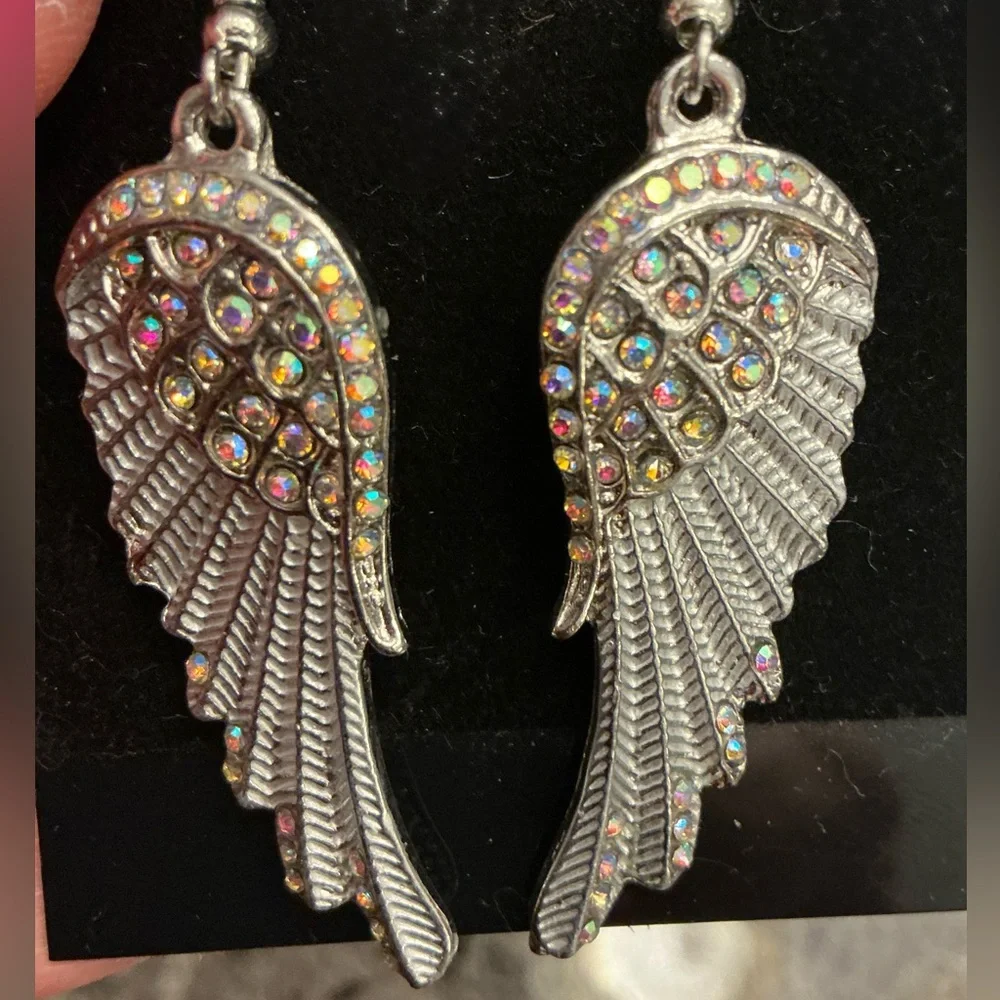 Whimsigoth Angel Fairy Wing Earrings Silvertone Iridescent Biker Rodeo Festival